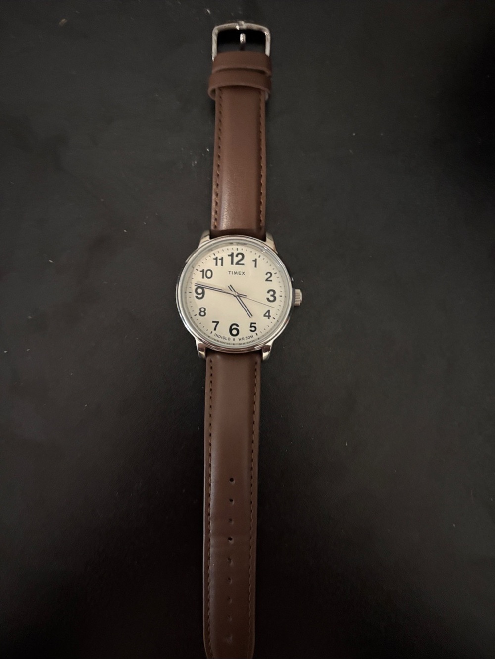 Timex Silver Case Watch with White Dial and Brown Leather Strap